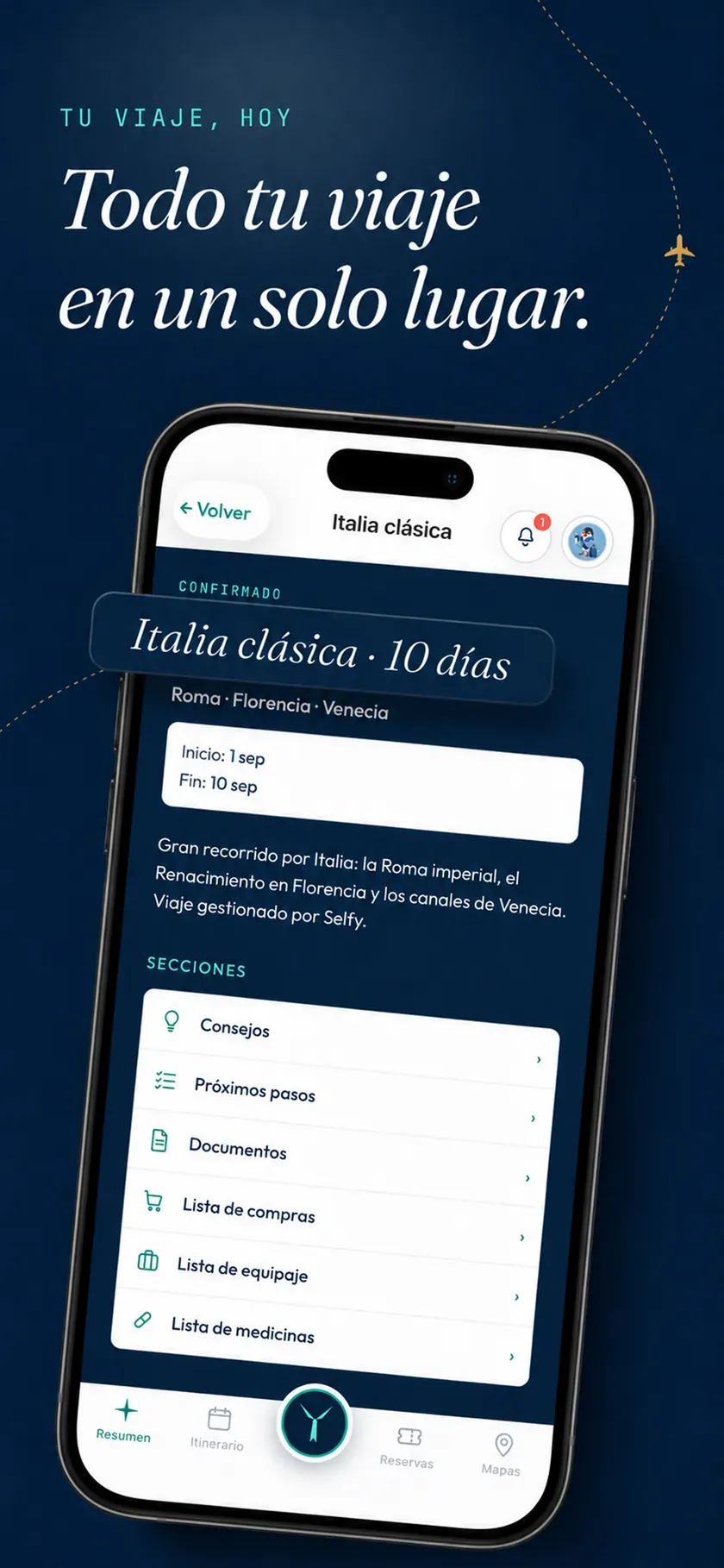 Captura de la app Selfy Travel: resumen del viaje con itinerario, documentos y listas