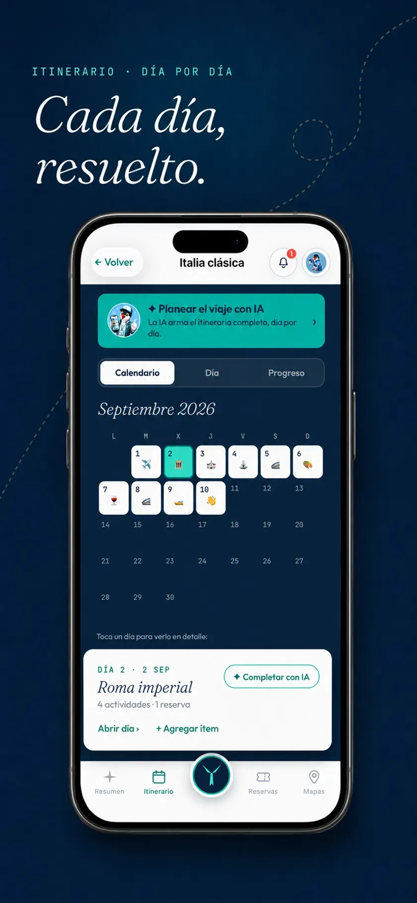 Captura de la app: vista de calendario del itinerario con el día 'Roma imperial' — 'Cada día, resuelto'