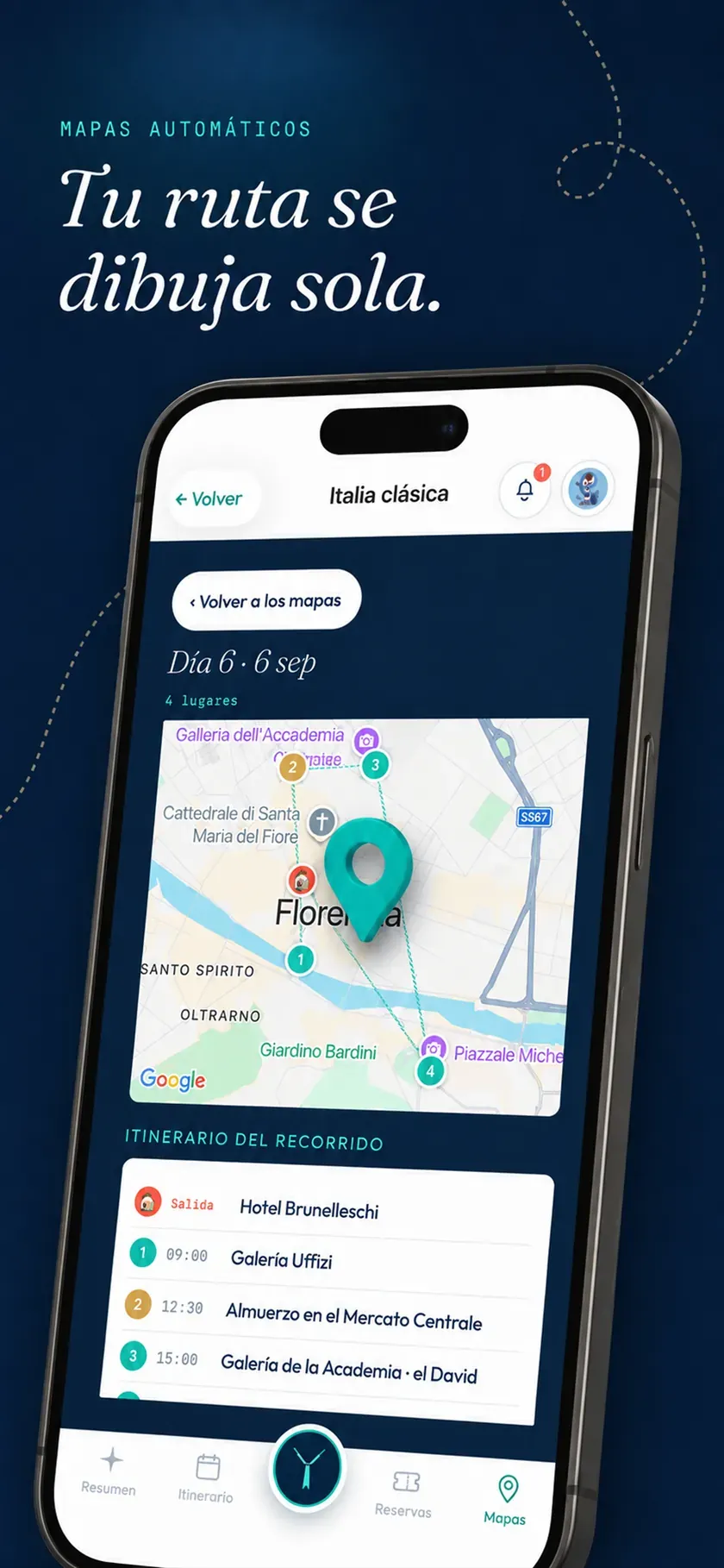 Captura de la app: mapa del día en Florencia con pines numerados y la ruta del recorrido — 'Tu ruta se dibuja sola'