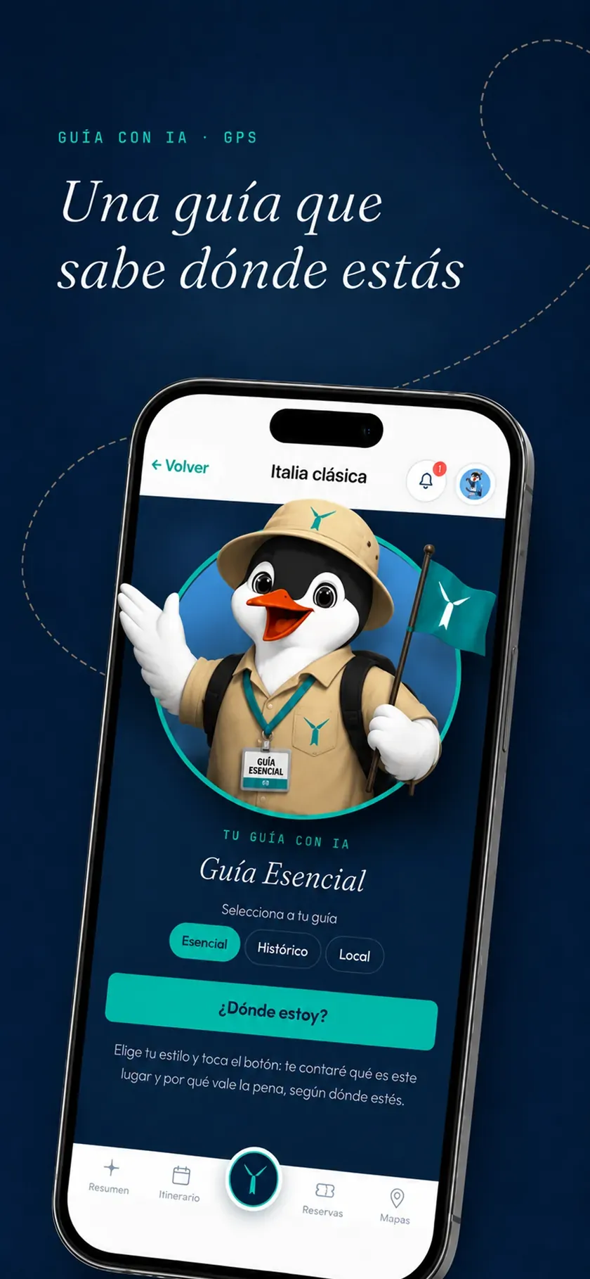 Captura de la app: la guía con IA con el charrán explorador y el botón '¿Dónde estoy?' — 'Una guía que sabe dónde estás'